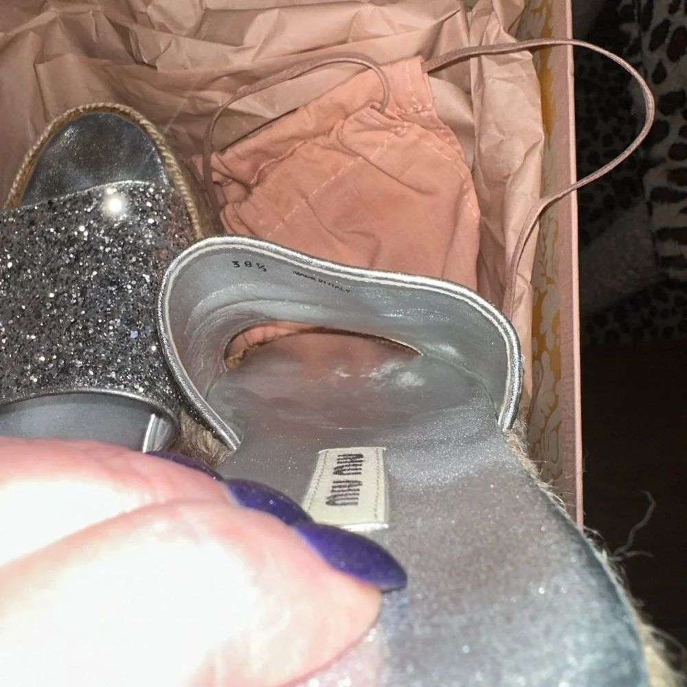 Miu Miu silver leather espadrille wedge slide 38.5